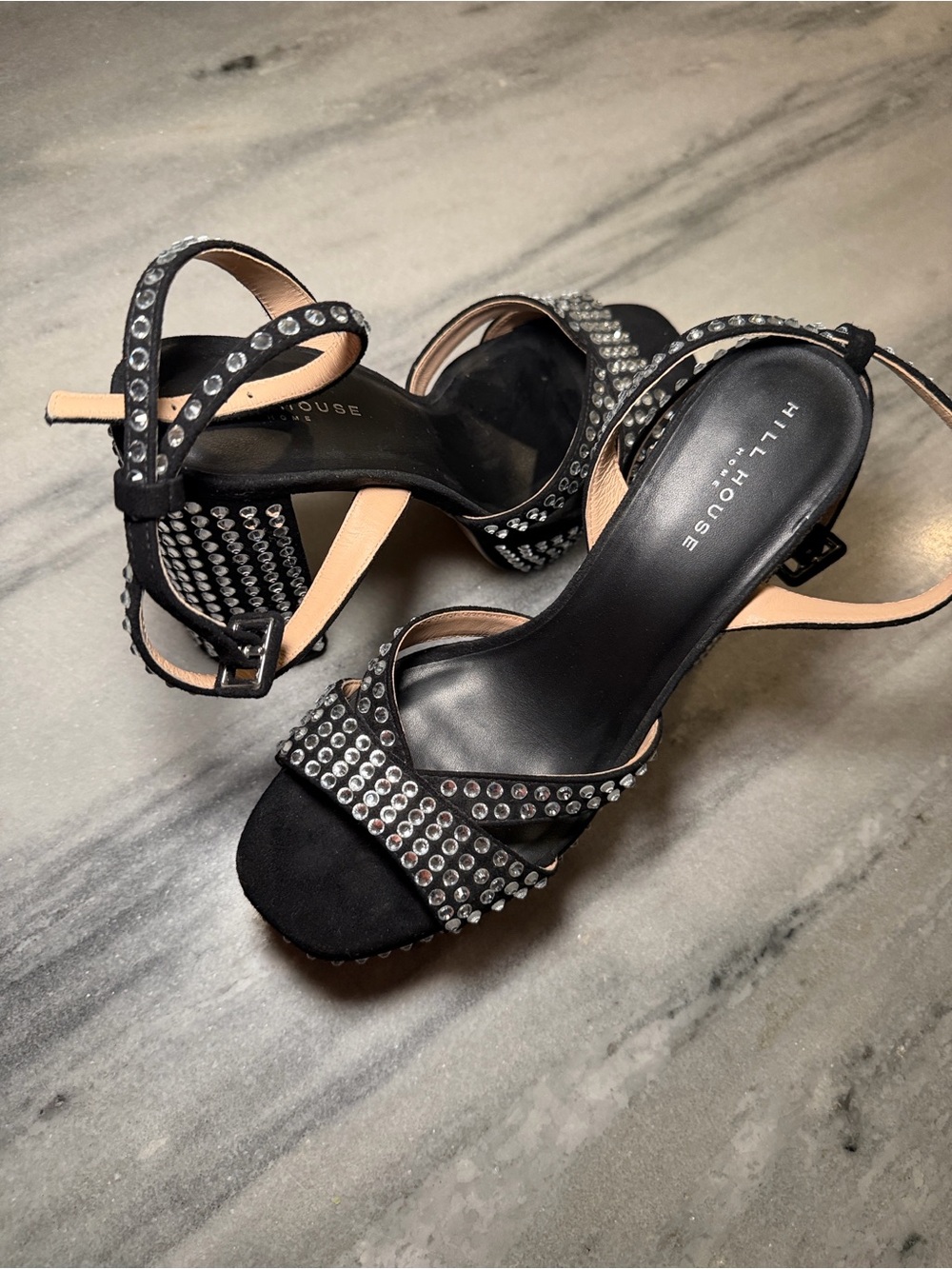 Hill House Black Studded Block Heel Sandals with Silver Accents